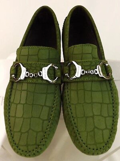 Pre-owned Jimmy Choo Brogan Light Olive Croc Print Suede Handcuff Driving Loafers 39 6