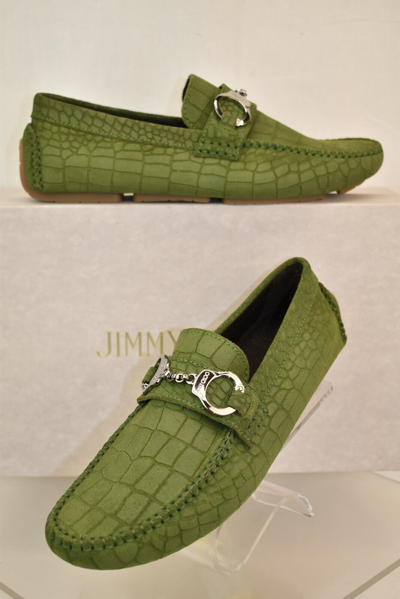 Pre-owned Jimmy Choo Brogan Light Olive Croc Print Suede Handcuff Driving Loafers 40.5 7.5 In Light Olivie