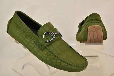 Pre-owned Jimmy Choo Brogan Light Olive Croc Print Suede Handcuff Driving Loafers 39 6