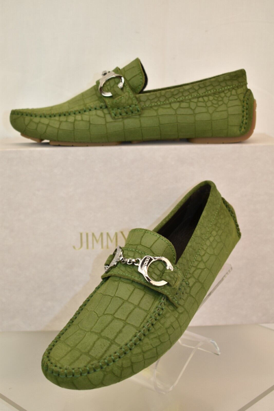 Pre-owned Jimmy Choo Brogan Light Olive Croc Print Suede Handcuff Driving Loafers 40.5 7.5 In Light Olivie