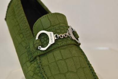Pre-owned Jimmy Choo Brogan Light Olive Croc Print Suede Handcuff Driving Loafers 40.5 7.5 In Light Olivie