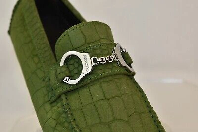 Pre-owned Jimmy Choo Brogan Light Olive Croc Print Suede Handcuff Driving Loafers 39 6