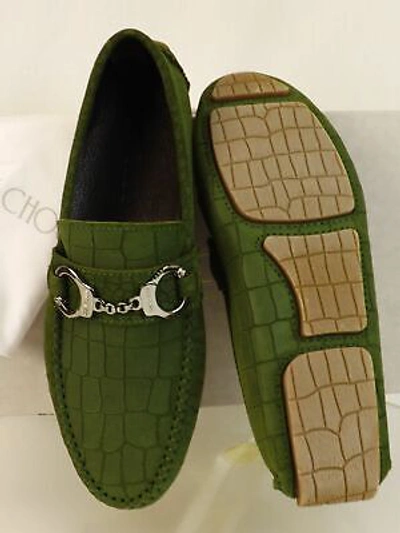 Pre-owned Jimmy Choo Brogan Light Olive Croc Print Suede Handcuff Driving Loafers 39 6