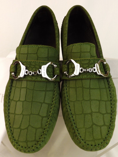 Pre-owned Jimmy Choo Brogan Light Olive Croc Print Suede Handcuff Driving Loafers 40.5 7.5 In Light Olivie