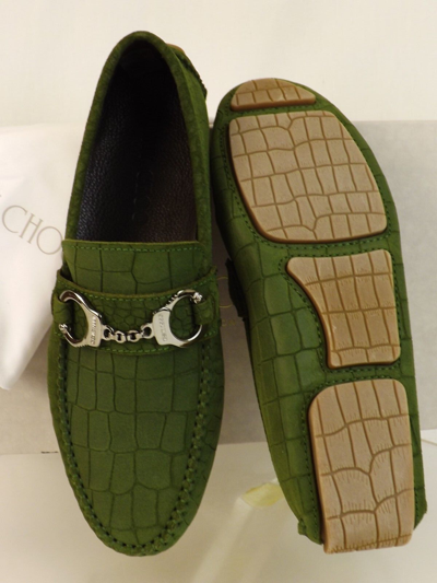 Pre-owned Jimmy Choo Brogan Light Olive Croc Print Suede Handcuff Driving Loafers 40.5 7.5 In Light Olivie