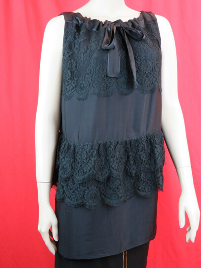 Pre-owned Prada Black Satin Floral Lace Ruched Bow Sleeveless Dress Tank Top 42 Italy