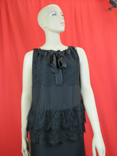 Pre-owned Prada Black Satin Floral Lace Ruched Bow Sleeveless Dress Tank Top 42 Italy