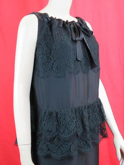 Pre-owned Prada Black Satin Floral Lace Ruched Bow Sleeveless Dress Tank Top 42 Italy