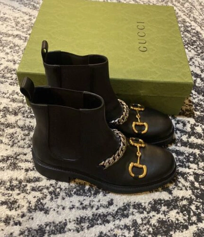 Pre-owned Gucci Horsebit Chain Leather Chelsea Boot Size 39 In Black