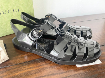 Pre-owned Gucci 674132 Men's Black Rubber Shiny Sandals Shoe,  Sz 8, 9, 10