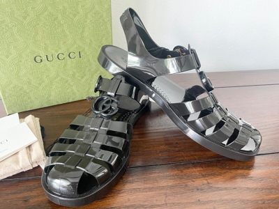 Pre-owned Gucci 674132 Men's Black Rubber Shiny Sandals Shoe,  Sz 8, 9, 10