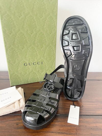Pre-owned Gucci 674132 Men's Black Rubber Shiny Sandals Shoe,  Sz 8, 9, 10