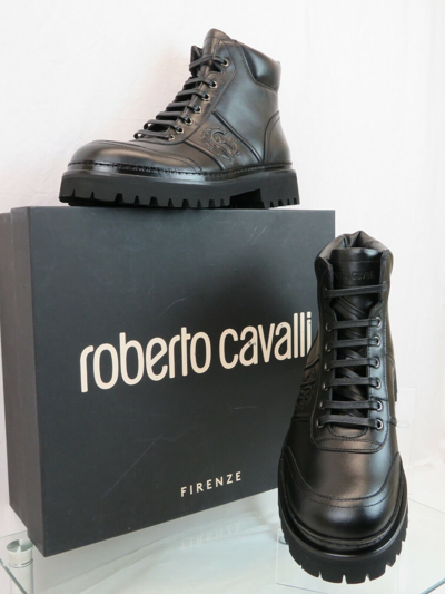 Pre-owned Roberto Cavalli Black Leather Logo Lace Up Combat Boots 44 /11 Italy