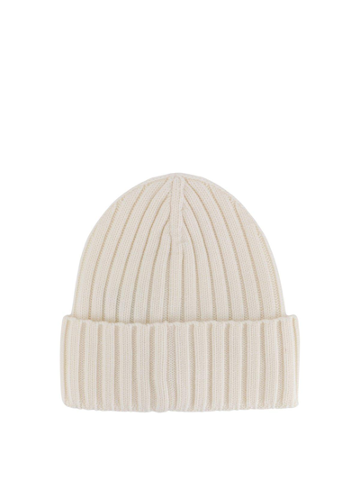 Shop Moncler Logo Patch Ribbed Beanie In Bianco