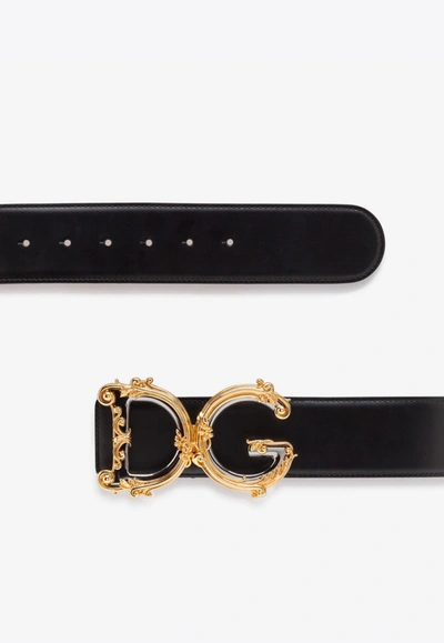 Dolce & Gabbana Calfskin Belt With Baroque Dg Logo 50 Mm In Black