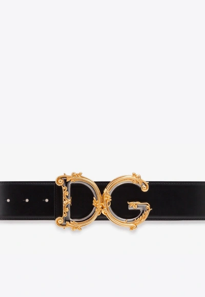 Dolce & Gabbana Calfskin Belt With Baroque Dg Logo 50 Mm In Black