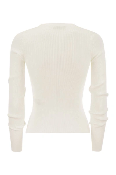 Shop Elisabetta Franchi Long-sleeved Ribbed Viscose Top With Necklace In White