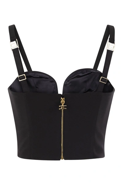 Shop Elisabetta Franchi Stretch Crepe Bustier Top With Enamelled Logo Plaque In Black