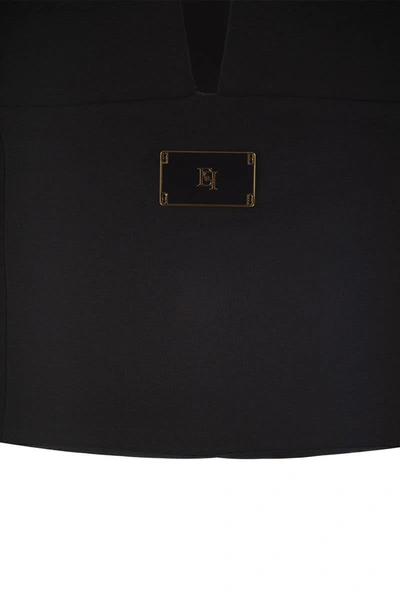 Shop Elisabetta Franchi Stretch Crepe Bustier Top With Enamelled Logo Plaque In Black