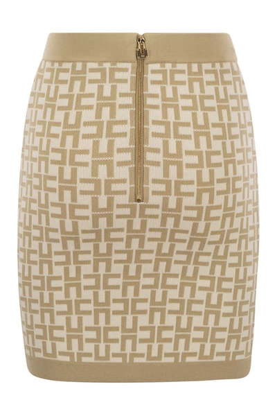 Shop Elisabetta Franchi Viscose Logo Jacquard Miniskirt In Beige