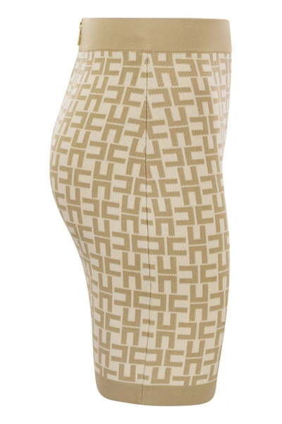 Shop Elisabetta Franchi Viscose Logo Jacquard Miniskirt In Beige
