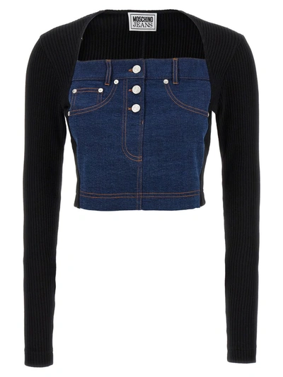 Shop Mo5ch1no Jeans Denim Top And Ribbed Knit In Multicolor