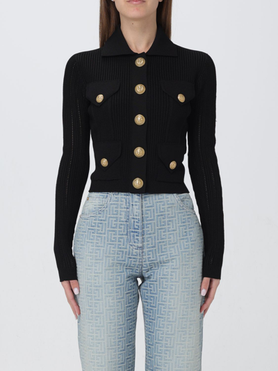 Balmain Button-embellished Ribbed Cardigan In Black