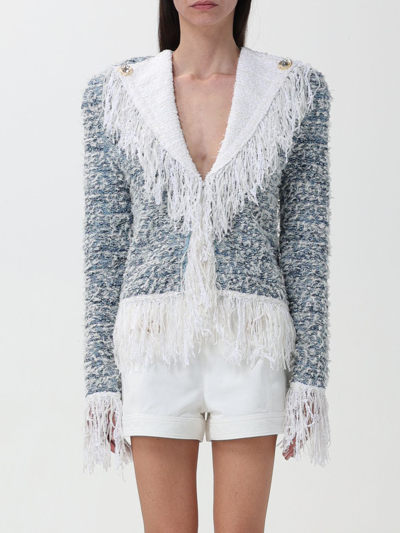 Balmain Fringed Tweed Blazer In Blue