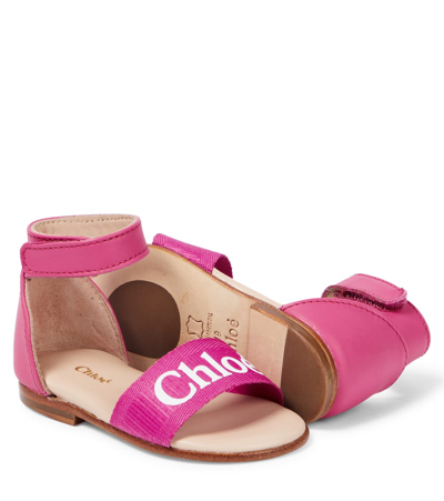 Shop Chloé Baby Logo Leather And Canvas Sandals In Pink