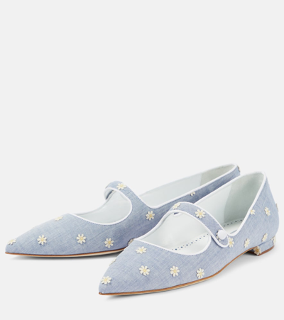 Shop Manolo Blahnik Campari Embroidered Chambray Mary Jane Flats In Blue