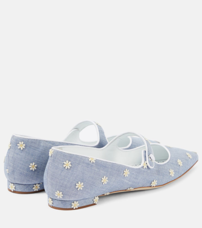 Shop Manolo Blahnik Campari Embroidered Chambray Mary Jane Flats In Blue
