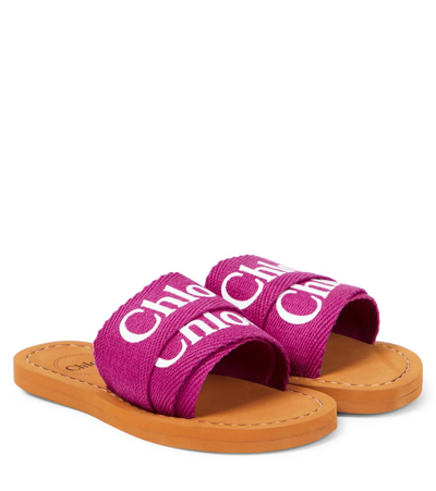 Shop Chloé Kids Logo Canvas Slides In Pink