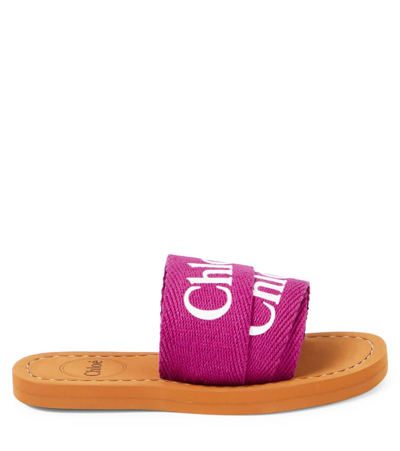 Shop Chloé Kids Logo Canvas Slides In Pink