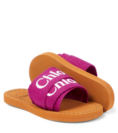 Shop Chloé Kids Logo Canvas Slides In Pink