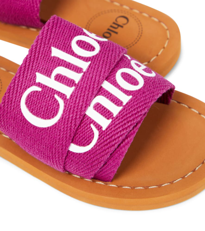Shop Chloé Kids Logo Canvas Slides In Pink