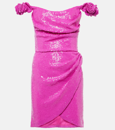 Shop Costarellos Sequined Floral-appliqué Minidress In Pink