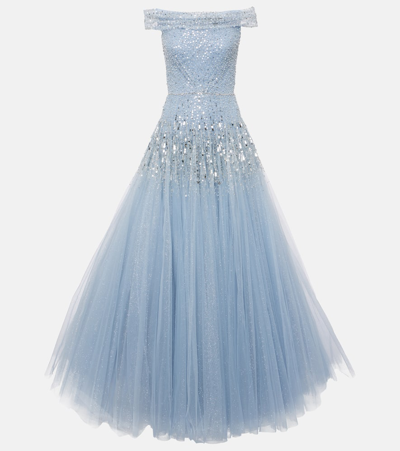 Shop Jenny Packham Sirena Embellished Tulle Gown In Blue