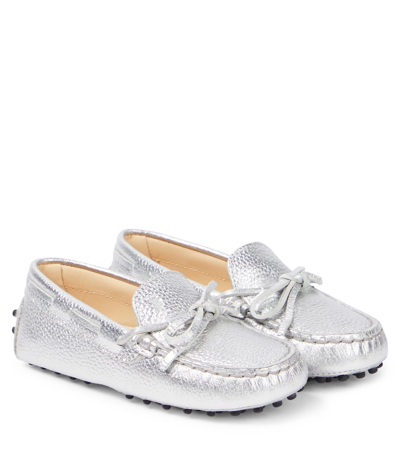 Shop Tod's Junior Gommino Metallic Leather Loafers In Silver