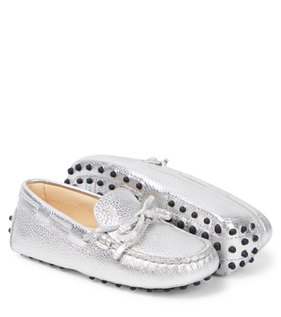 Shop Tod's Junior Gommino Metallic Leather Loafers In Silver
