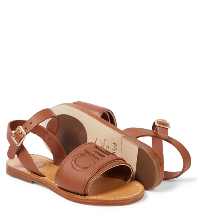 Shop Chloé Kids Logo Leather Sandals In Brown