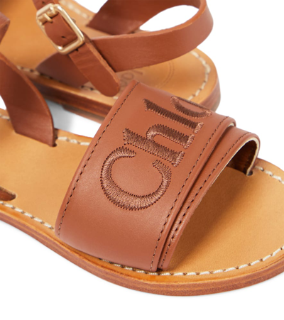 Shop Chloé Logo Leather Sandals In Brown