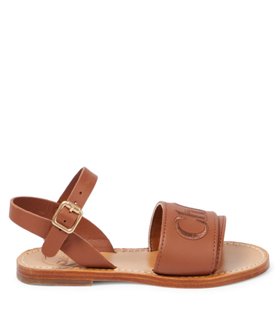 Shop Chloé Logo Leather Sandals In Brown