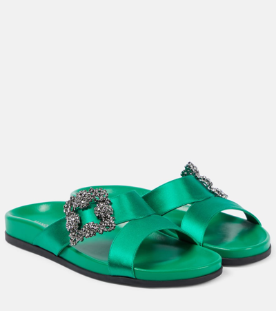 Shop Manolo Blahnik Chilanghi Embellished Satin Sandals In Green