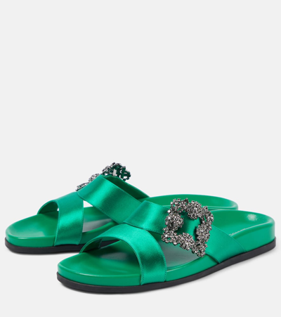 Shop Manolo Blahnik Chilanghi Embellished Satin Sandals In Green