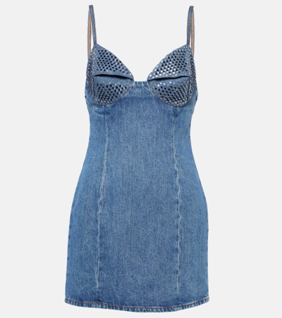 Area Crystal-embellished Polka-dot Denim Mini Dress In Blue