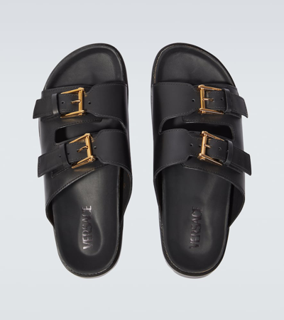 Shop Versace Barocco Leather-trimmed Slides In Black