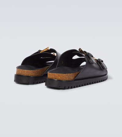 Shop Versace Barocco Leather-trimmed Slides In Black