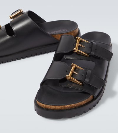 Shop Versace Barocco Leather-trimmed Slides In Black