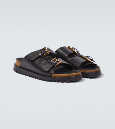 Shop Versace Barocco Leather-trimmed Slides In Black