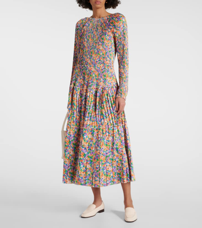 Plan C Floral Pleated Midi Dress In Multicoloured